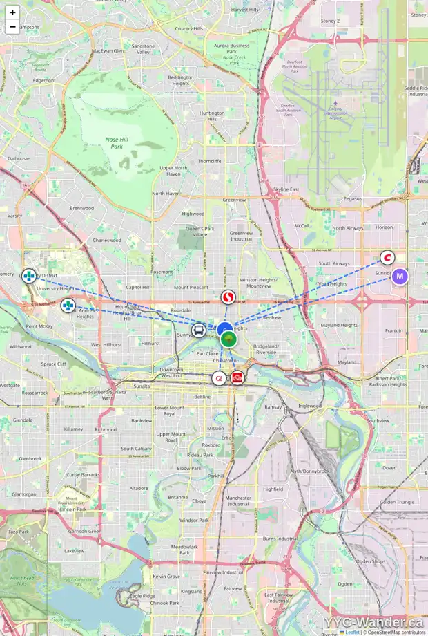 Daily accessibility map for 107 8 AV NW, Calgary showing nearby schools, grocery stores, parks, LRT stations and nearby amenities