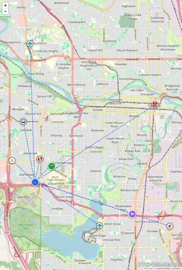 Daily accessibility map for 63 GLACIER DR SW, Calgary showing nearby schools, grocery stores, parks, LRT stations and nearby amenities