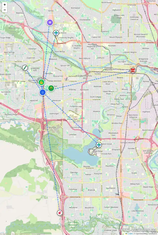 Daily accessibility map for 252 SIGNAL HILL CI SW, Calgary showing nearby schools, grocery stores, parks, LRT stations and nearby amenities