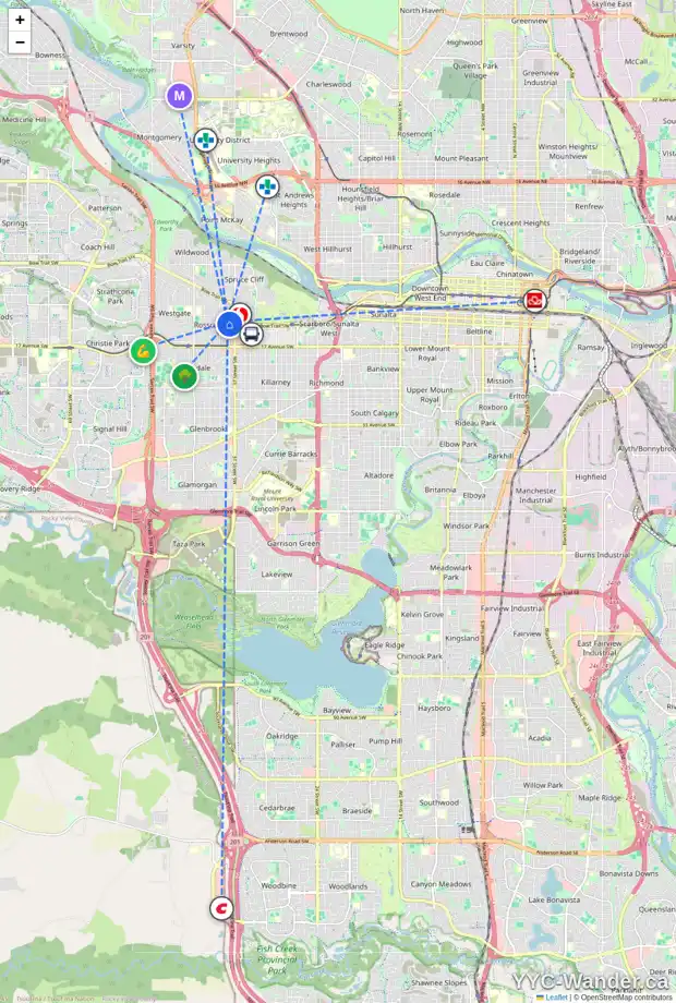 Daily accessibility map for 3927 12 AV SW, Calgary showing nearby schools, grocery stores, parks, LRT stations and nearby amenities