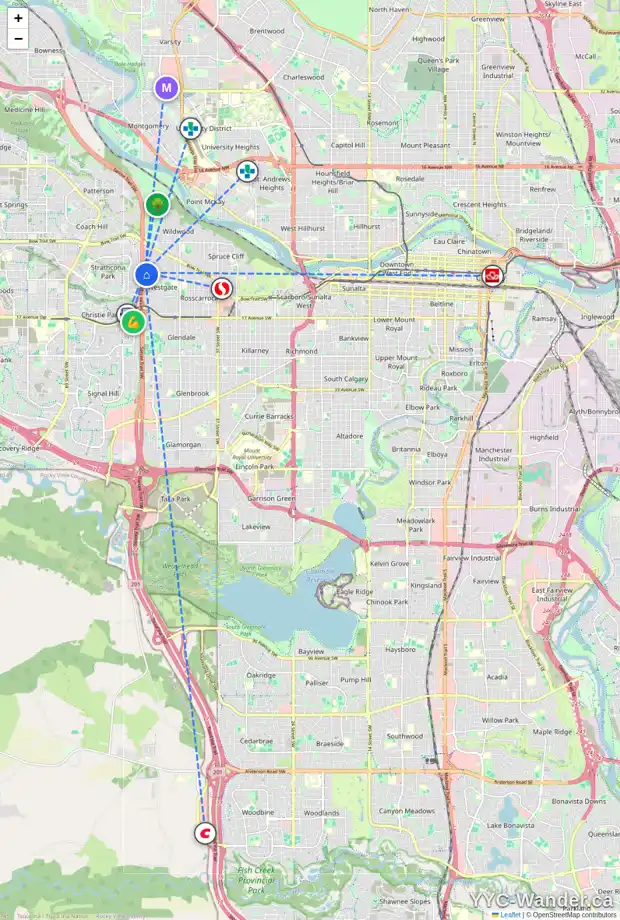 Daily accessibility map for 5314 7 AV SW, Calgary showing nearby schools, grocery stores, parks, LRT stations and nearby amenities