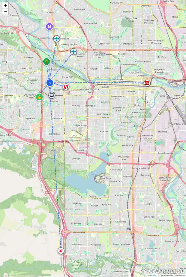 Daily accessibility map for 31 WESTOVER DR SW, Calgary showing nearby schools, grocery stores, parks, LRT stations and nearby amenities