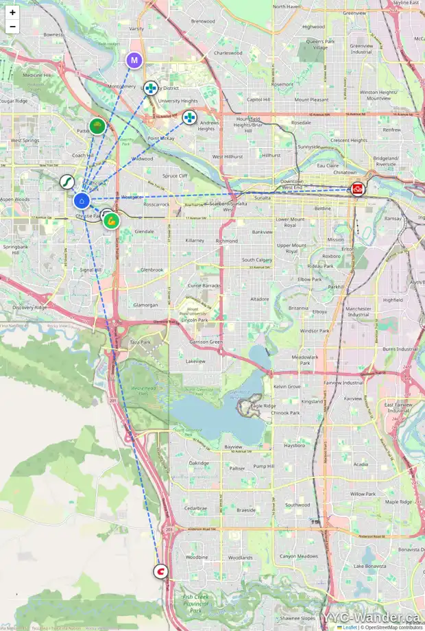 Daily accessibility map for 19 STRASBOURG BA SW, Calgary showing nearby schools, grocery stores, parks, LRT stations and nearby amenities