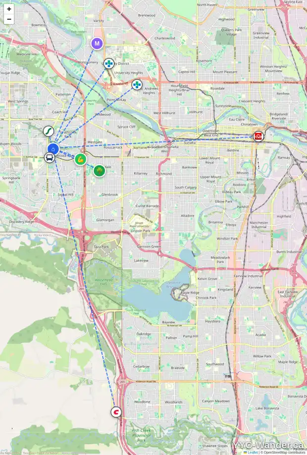 Daily accessibility map for 8 CHRISTIE ESTATE MR SW, Calgary showing nearby schools, grocery stores, parks, LRT stations and nearby amenities