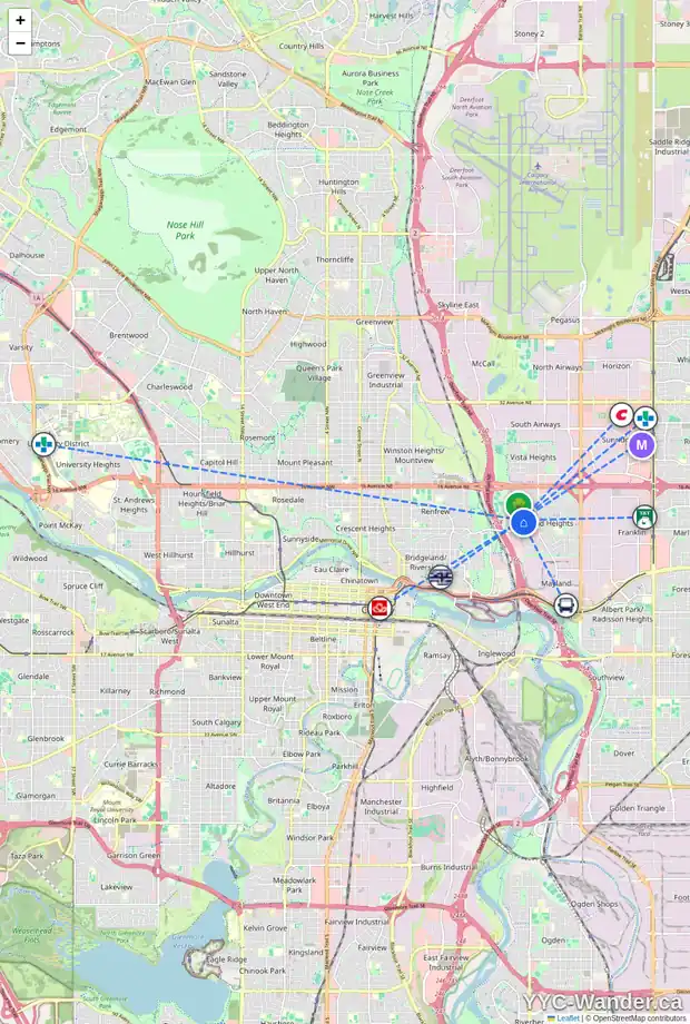 Daily accessibility map for 1011 17A ST NE, Calgary showing nearby schools, grocery stores, parks, LRT stations and nearby amenities