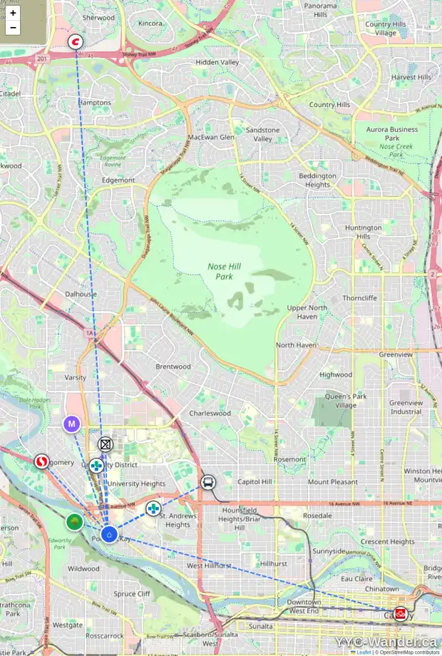 Daily accessibility map for 21 140 POINT DR NW, Calgary showing nearby schools, grocery stores, parks, LRT stations and nearby amenities