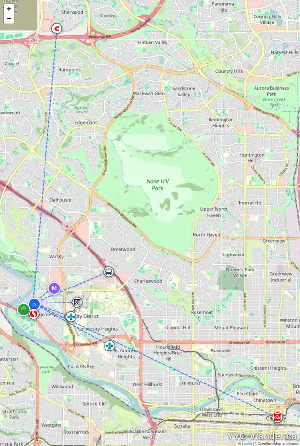 Daily accessibility map for 5235 19 AV NW, Calgary showing nearby schools, grocery stores, parks, LRT stations and nearby amenities