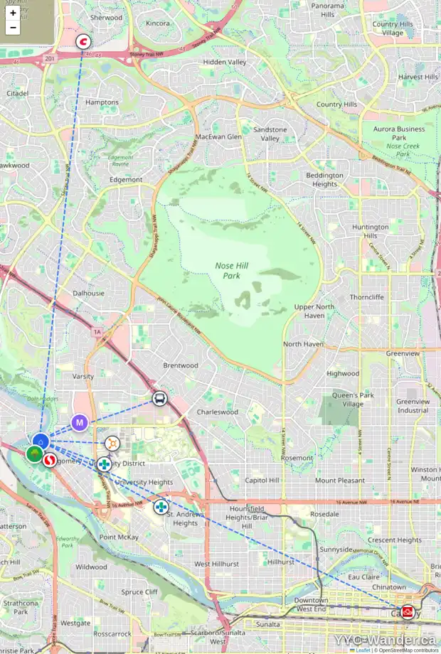 Daily accessibility map for 92 BOW LD NW, Calgary showing nearby schools, grocery stores, parks, LRT stations and nearby amenities