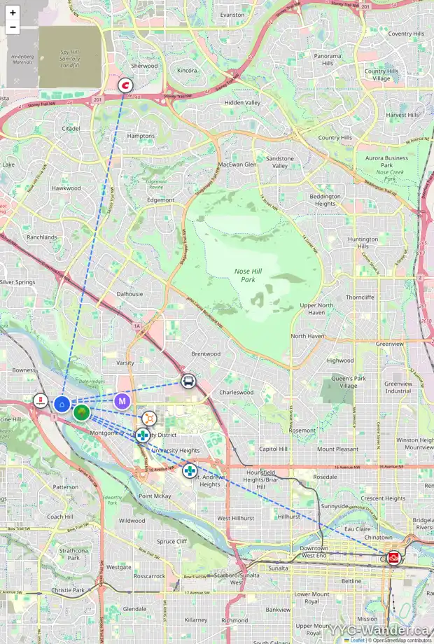Daily accessibility map for 6368 32 AV NW, Calgary showing nearby schools, grocery stores, parks, LRT stations and nearby amenities