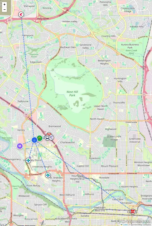 Daily accessibility map for 3907 VARDELL RD NW, Calgary showing nearby schools, grocery stores, parks, LRT stations and nearby amenities