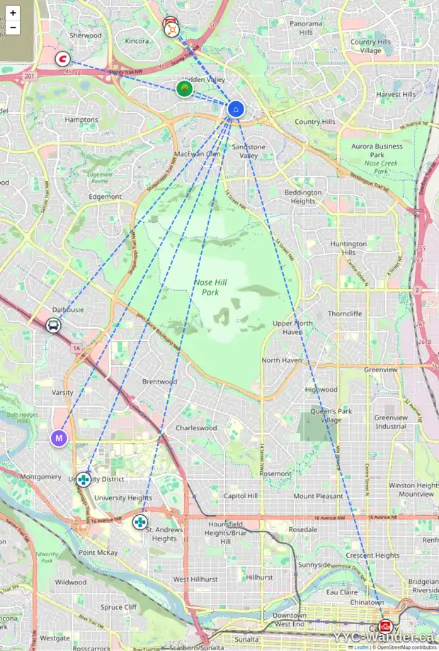 Daily accessibility map for 122 HIDDEN VALE PL NW, Calgary showing nearby schools, grocery stores, parks, LRT stations and nearby amenities
