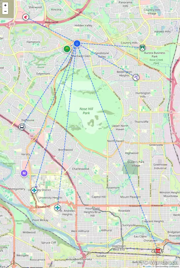 Daily accessibility map for 121 MACEWAN RIDGE VI NW, Calgary showing nearby schools, grocery stores, parks, LRT stations and nearby amenities