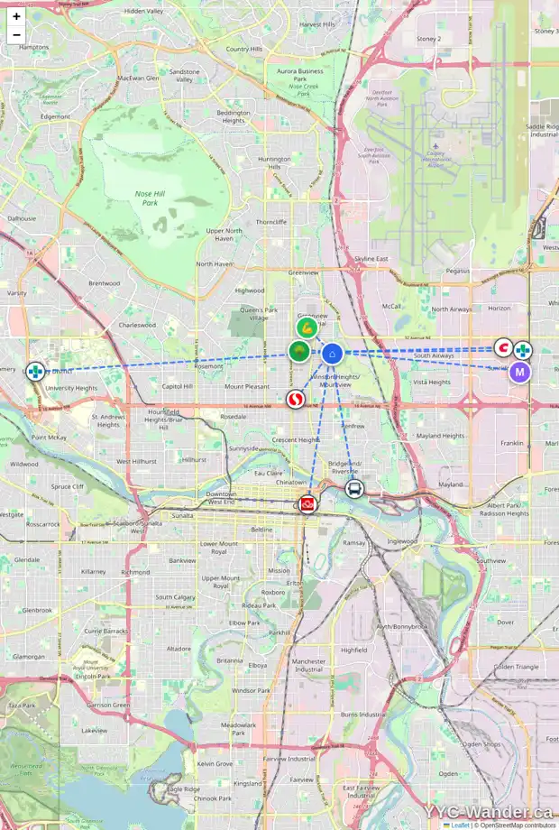 Daily accessibility map for 614 30 AV NE, Calgary showing nearby schools, grocery stores, parks, LRT stations and nearby amenities