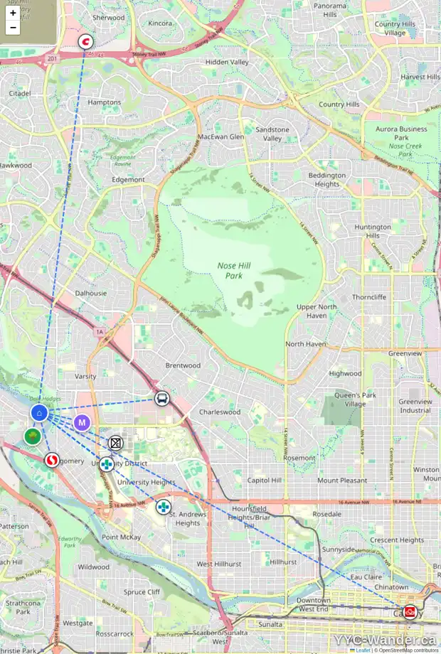 Daily accessibility map for 6002 BOW CR NW, Calgary showing nearby schools, grocery stores, parks, LRT stations and nearby amenities