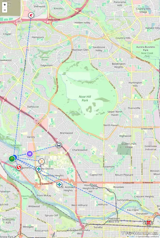 Daily accessibility map for 5840 BOW CR NW, Calgary showing nearby schools, grocery stores, parks, LRT stations and nearby amenities