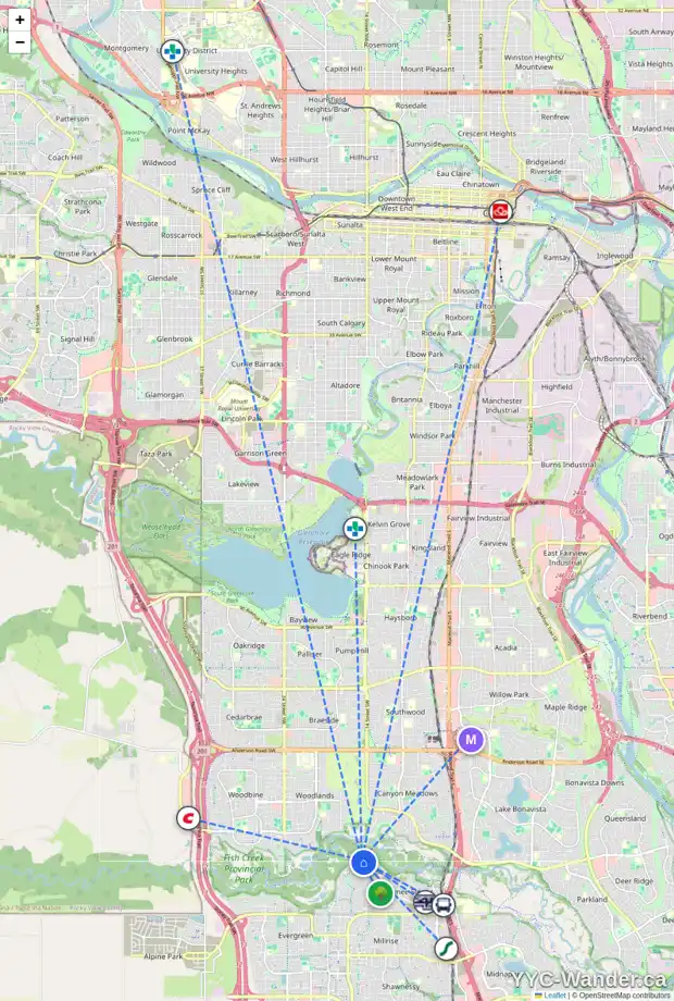 Daily accessibility map for 1517 EVERGREEN HL SW, Calgary showing nearby schools, grocery stores, parks, LRT stations and nearby amenities