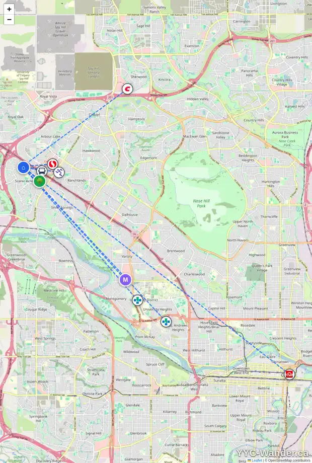 Daily accessibility map for 19 SCENIC VIEW CL NW, Calgary showing nearby schools, grocery stores, parks, LRT stations and nearby amenities