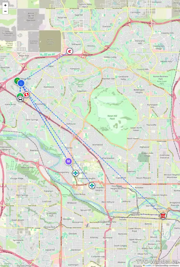 Daily accessibility map for 126 ARBOUR CREST CI NW, Calgary showing nearby schools, grocery stores, parks, LRT stations and nearby amenities