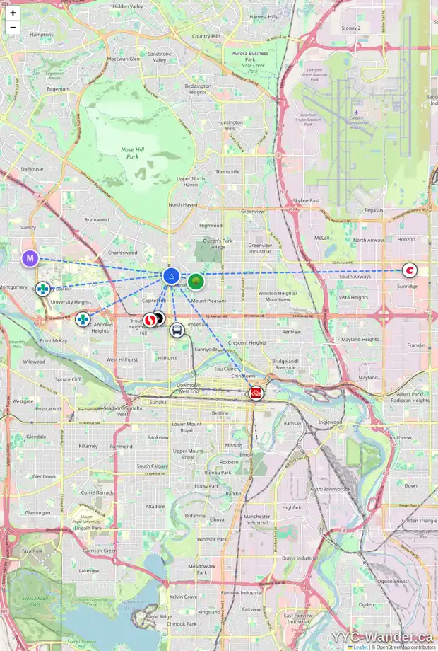 Daily accessibility map for 3108 14 ST NW, Calgary showing nearby schools, grocery stores, parks, LRT stations and nearby amenities