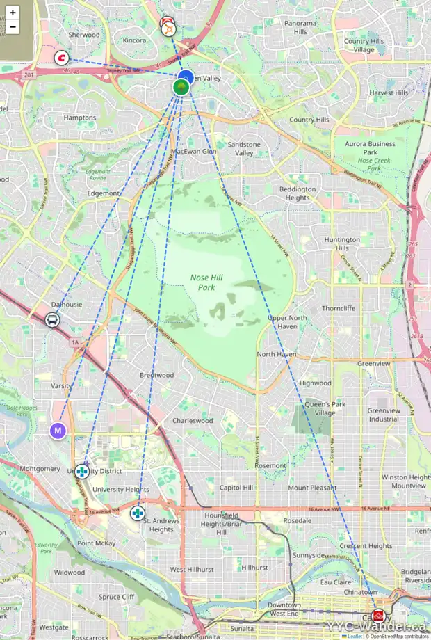 Daily accessibility map for 31 HIDDEN RIDGE PL NW, Calgary showing nearby schools, grocery stores, parks, LRT stations and nearby amenities