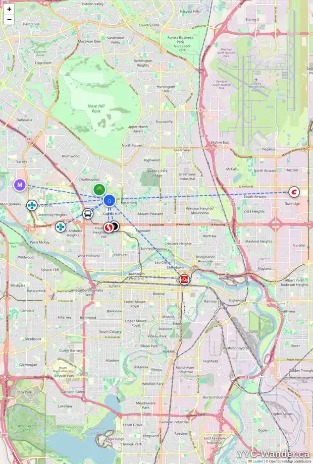 Daily accessibility map for 2726 17A ST NW, Calgary showing nearby schools, grocery stores, parks, LRT stations and nearby amenities