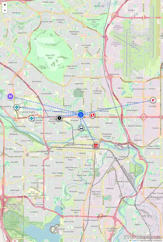 Daily accessibility map for 624 18 AV NW, Calgary showing nearby schools, grocery stores, parks, LRT stations and nearby amenities
