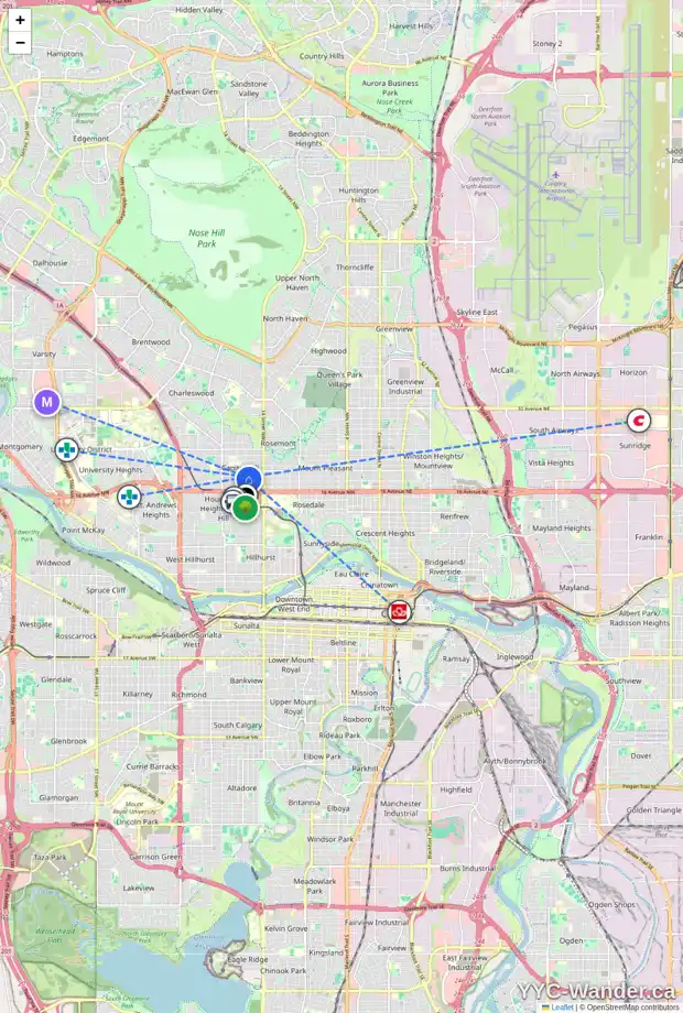 Daily accessibility map for 1916 16 ST NW, Calgary showing nearby schools, grocery stores, parks, LRT stations and nearby amenities