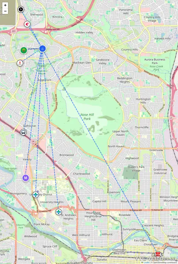 Daily accessibility map for 171 HAMPTONS GD NW, Calgary showing nearby schools, grocery stores, parks, LRT stations and nearby amenities