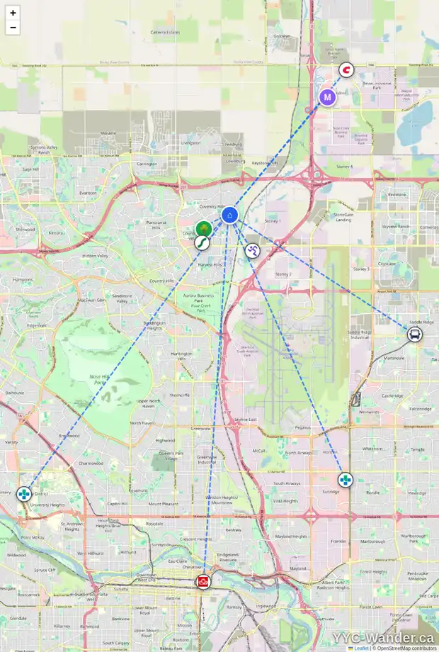 Daily accessibility map for 13 COVETTE BA NE, Calgary showing nearby schools, grocery stores, parks, LRT stations and nearby amenities
