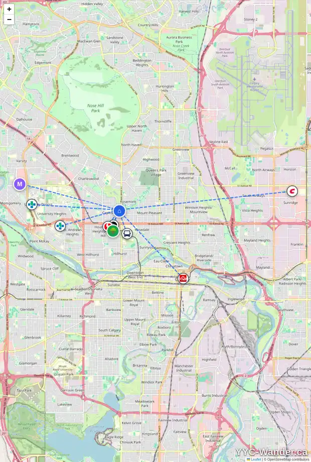 Daily accessibility map for 1531 22 AV NW, Calgary showing nearby schools, grocery stores, parks, LRT stations and nearby amenities