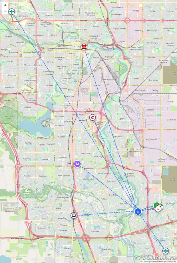 Daily accessibility map for 43 MT ALBERTA GR SE, Calgary showing nearby schools, grocery stores, parks, LRT stations and nearby amenities