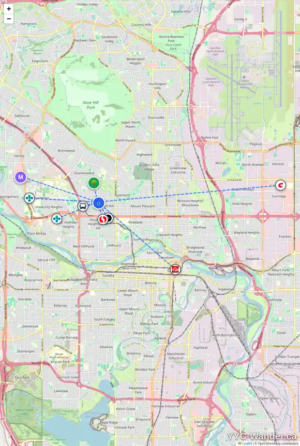 Daily accessibility map for 1926 22 AV NW, Calgary showing nearby schools, grocery stores, parks, LRT stations and nearby amenities