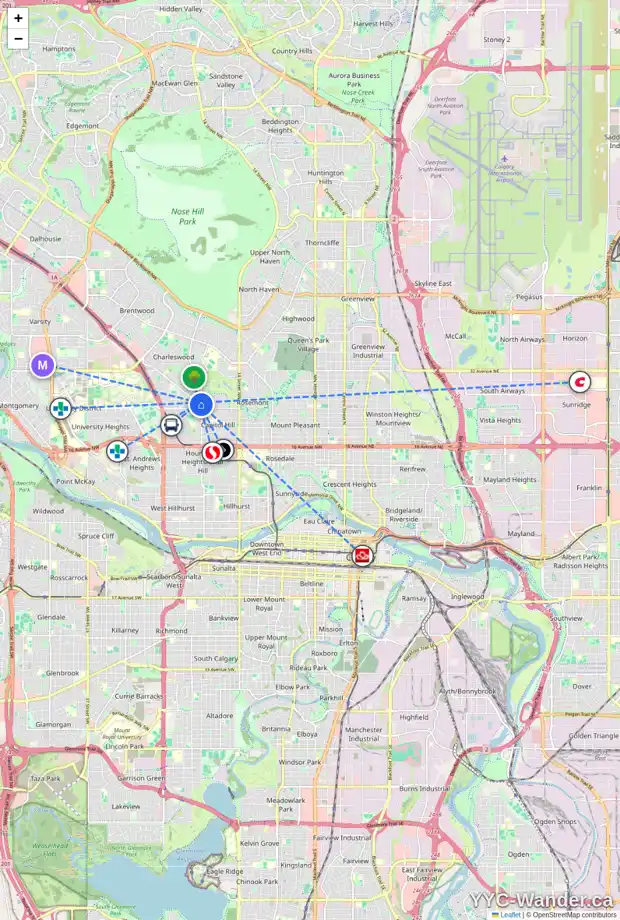 Daily accessibility map for 2512 MORLEY TR NW, Calgary showing nearby schools, grocery stores, parks, LRT stations and nearby amenities