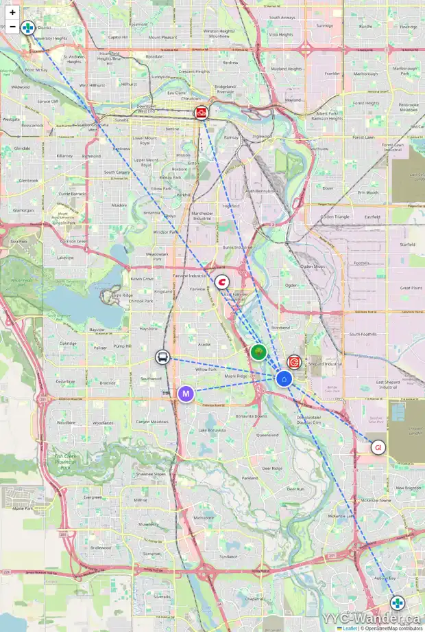 Daily accessibility map for 98 DOUGLAS GLEN CI SE, Calgary showing nearby schools, grocery stores, parks, LRT stations and nearby amenities