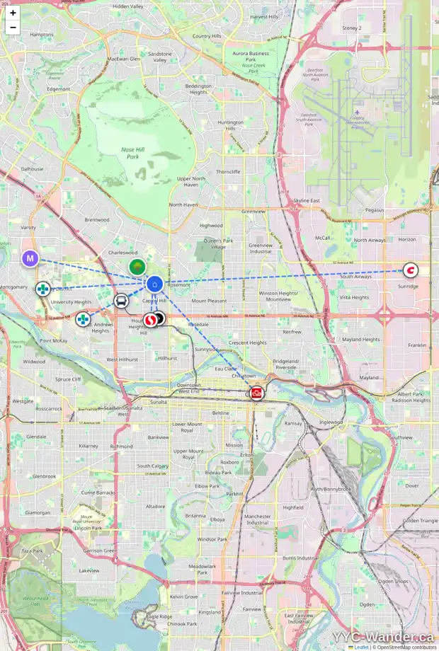 Daily accessibility map for 2712 17 ST NW, Calgary showing nearby schools, grocery stores, parks, LRT stations and nearby amenities