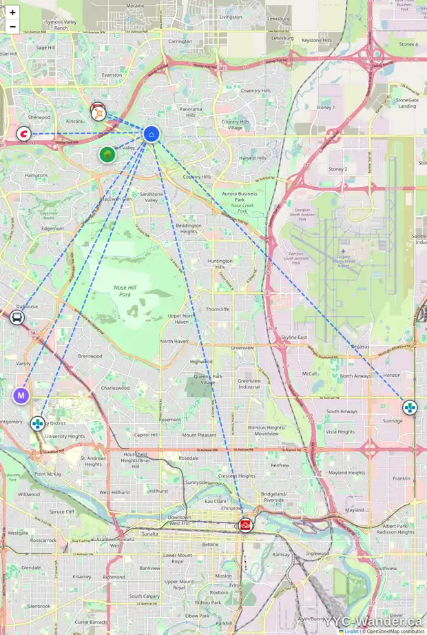 Daily accessibility map for 32 HIDDEN CREEK PA NW, Calgary showing nearby schools, grocery stores, parks, LRT stations and nearby amenities