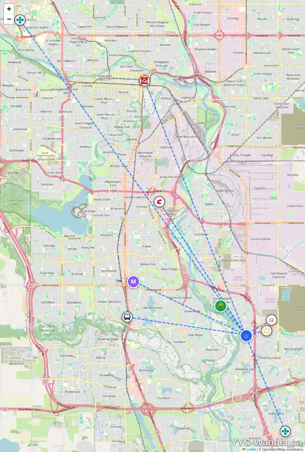 Daily accessibility map for 94 MT DOUGLAS VI SE, Calgary showing nearby schools, grocery stores, parks, LRT stations and nearby amenities