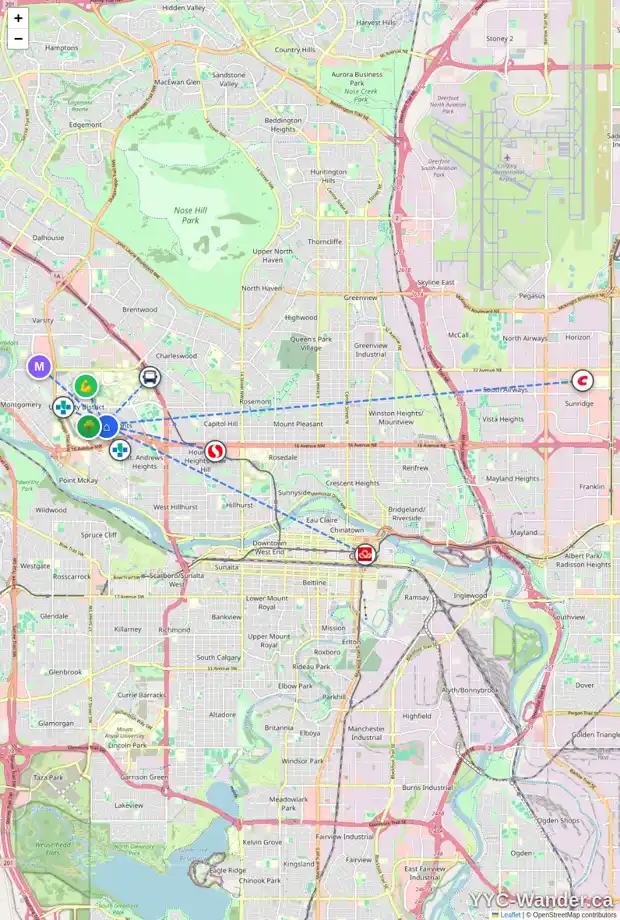 Daily accessibility map for 2047 URSENBACH RD NW, Calgary showing nearby schools, grocery stores, parks, LRT stations and nearby amenities
