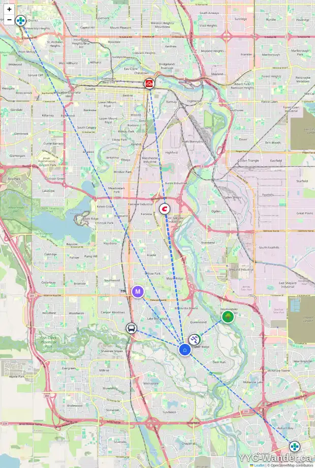 Daily accessibility map for 256 PARKLAND CR SE, Calgary showing nearby schools, grocery stores, parks, LRT stations and nearby amenities