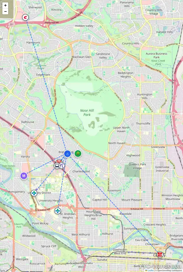 Daily accessibility map for 124 BENNETT CR NW, Calgary showing nearby schools, grocery stores, parks, LRT stations and nearby amenities