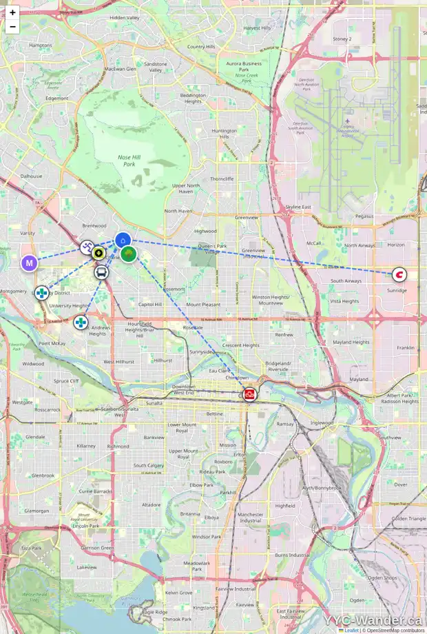 Daily accessibility map for 104 CHEYENNE CR NW, Calgary showing nearby schools, grocery stores, parks, LRT stations and nearby amenities
