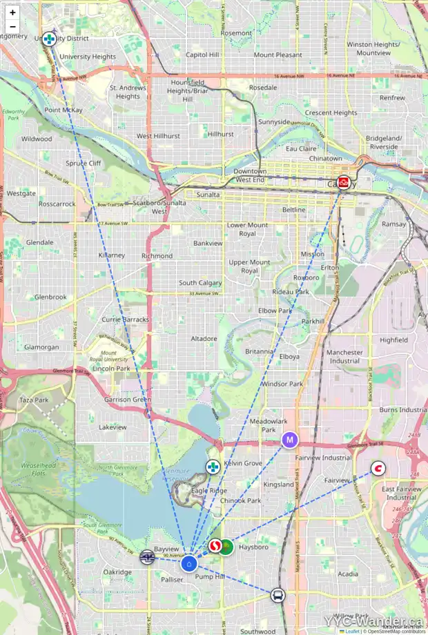 Daily accessibility map for 37 PUMP HILL LD SW, Calgary showing nearby schools, grocery stores, parks, LRT stations and nearby amenities