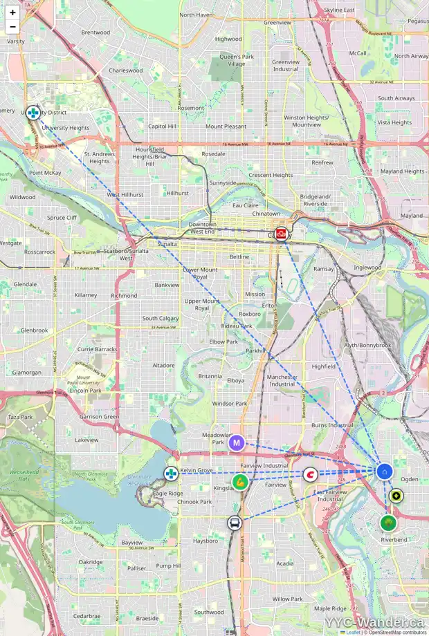 Daily accessibility map for 1808 LYNNOVER RD SE, Calgary showing nearby schools, grocery stores, parks, LRT stations and nearby amenities