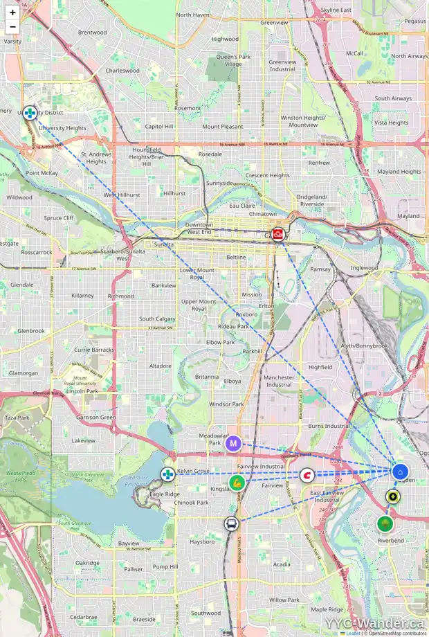 Daily accessibility map for 7007 20 ST SE, Calgary showing nearby schools, grocery stores, parks, LRT stations and nearby amenities