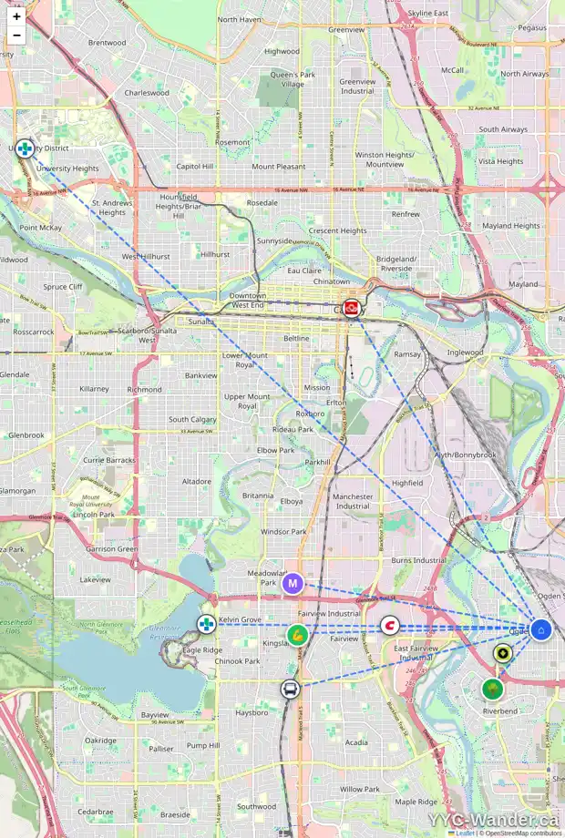 Daily accessibility map for 2312 72 AV SE, Calgary showing nearby schools, grocery stores, parks, LRT stations and nearby amenities