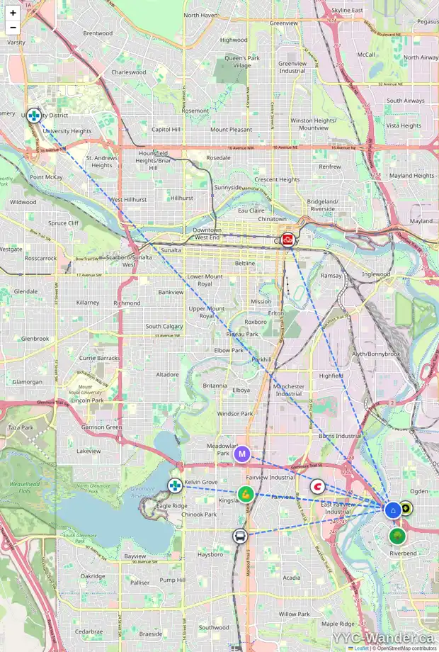 Daily accessibility map for 1619 76 AV SE, Calgary showing nearby schools, grocery stores, parks, LRT stations and nearby amenities