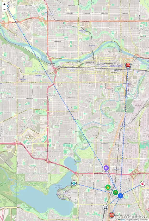 Daily accessibility map for 124 FAIRVIEW CR SE, Calgary showing nearby schools, grocery stores, parks, LRT stations and nearby amenities
