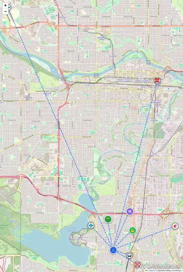 Daily accessibility map for 90 CHINOOK DR SW, Calgary showing nearby schools, grocery stores, parks, LRT stations and nearby amenities