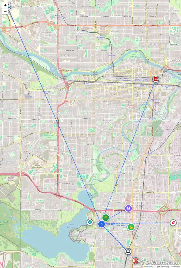 Daily accessibility map for 1304 KILLEARN AV SW, Calgary showing nearby schools, grocery stores, parks, LRT stations and nearby amenities
