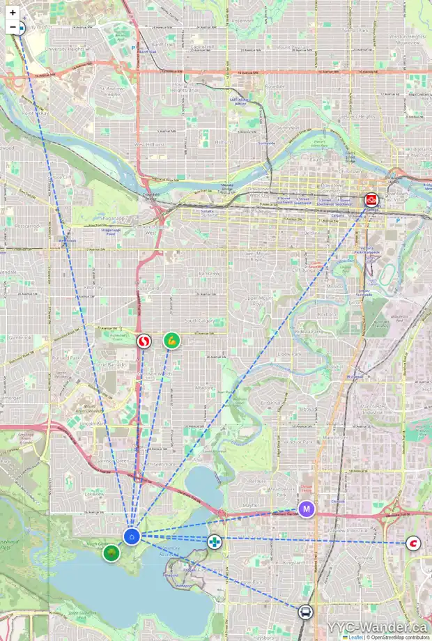Daily accessibility map for 2605 LINDEN DR SW, Calgary showing nearby schools, grocery stores, parks, LRT stations and nearby amenities